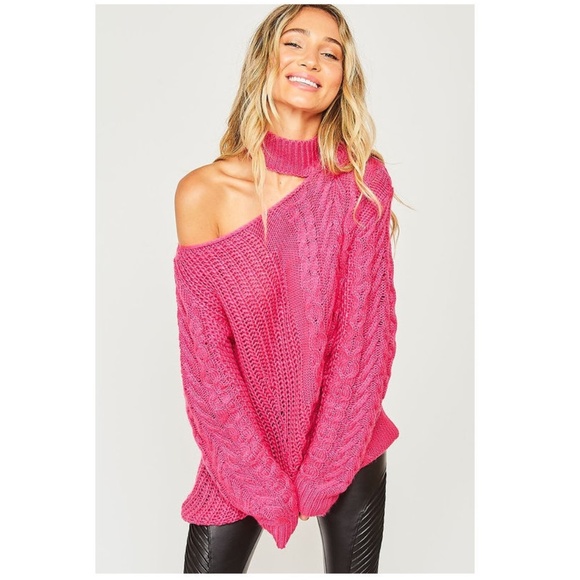 NEW Open Shoulder Choker Neck Chunky Cable Sweater - Picture 6 of 8